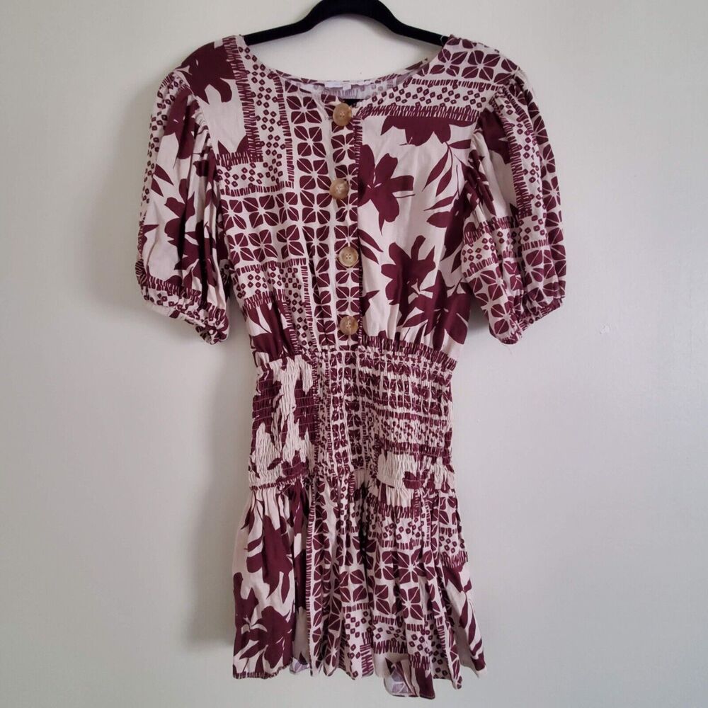 Olivaceous Smocked Elastic Waist Maroon Floral Boho Mini Dress Size S